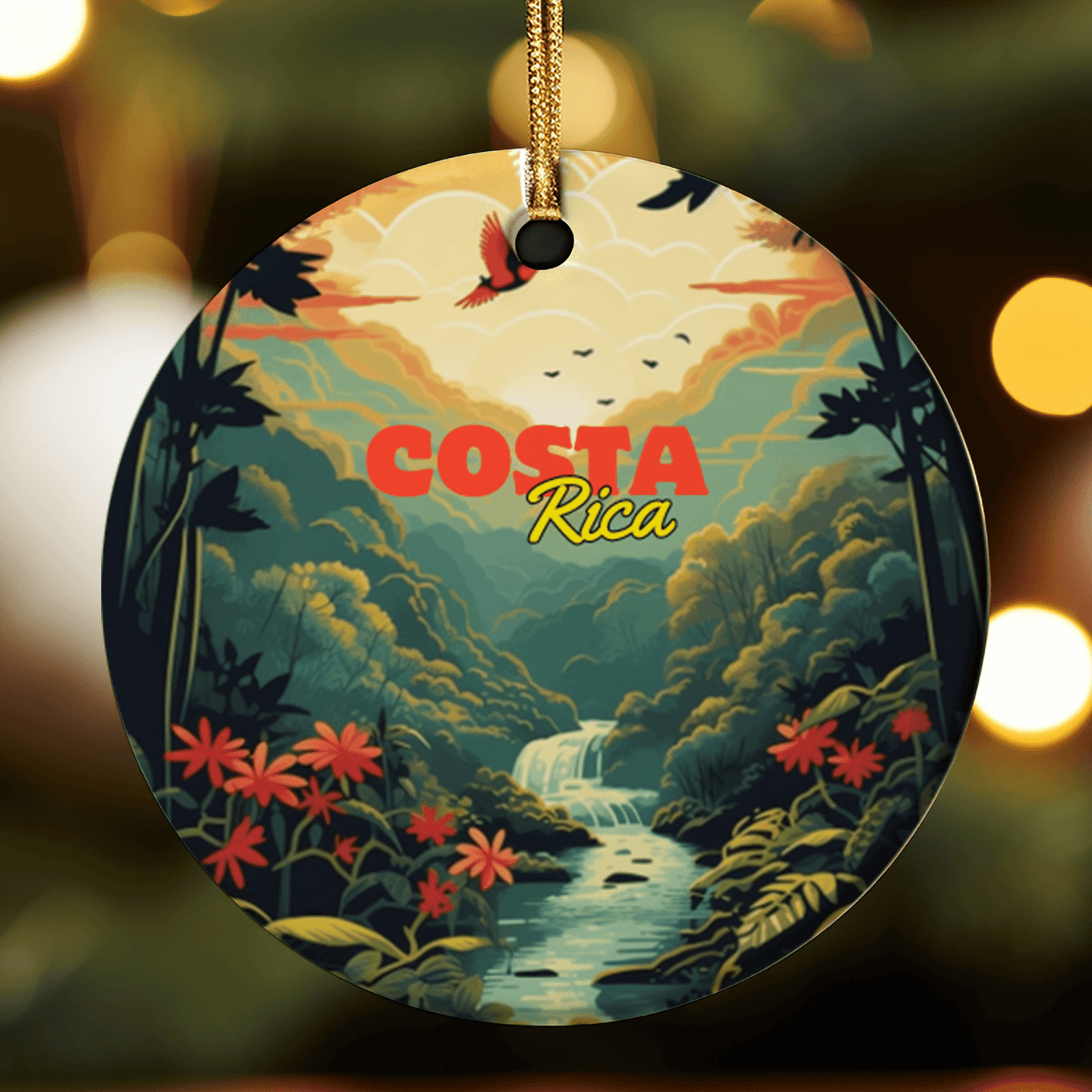 Decorative ornament with a scenic design of Costa Rica and the word 'Costa Rica' printed on it.