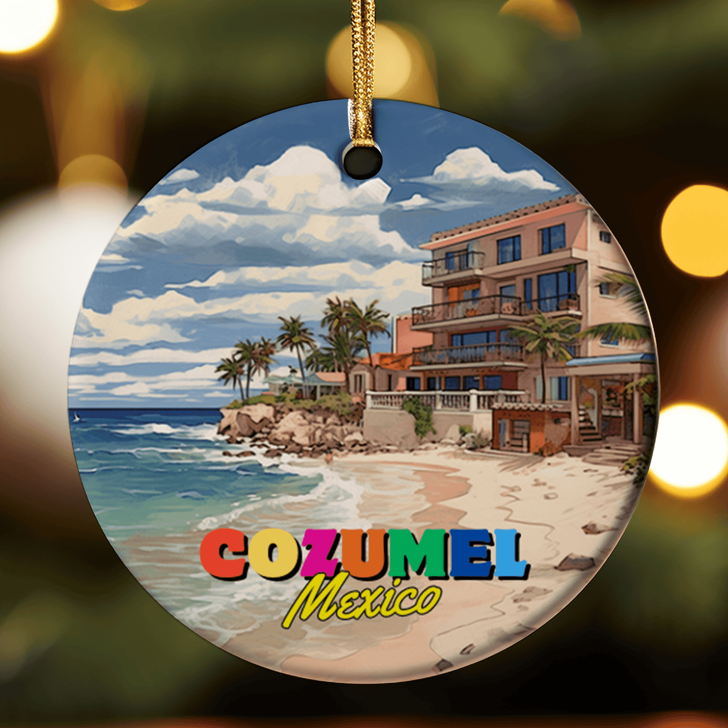 Round ornament with a beach scene of Cozumel, Mexico, featuring a building and palm trees.