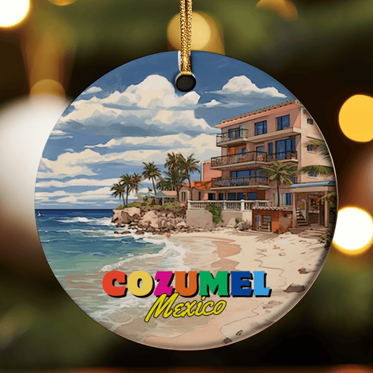Round ornament with a beach scene of Cozumel, Mexico, featuring a building and palm trees.