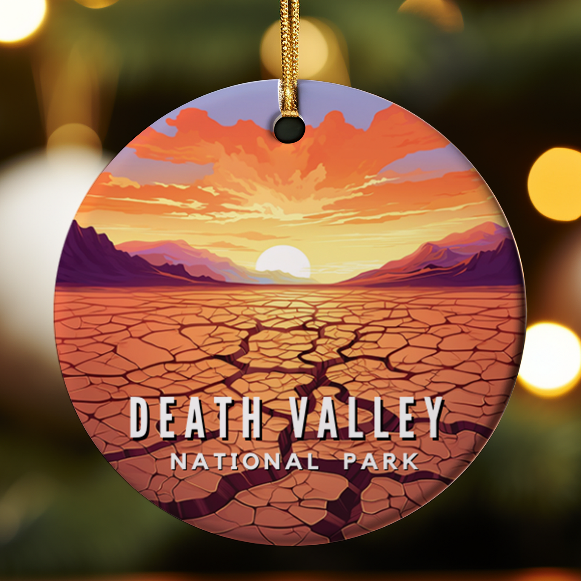 Circular ornament with a desert landscape and 'Death Valley National Park' text, hanging against a blurred light background.