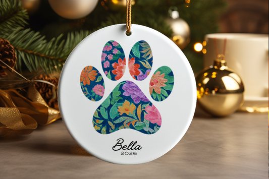 Floral Dog Paw Ceramic Ornament Custom Pet Name Year Keepsake Gift