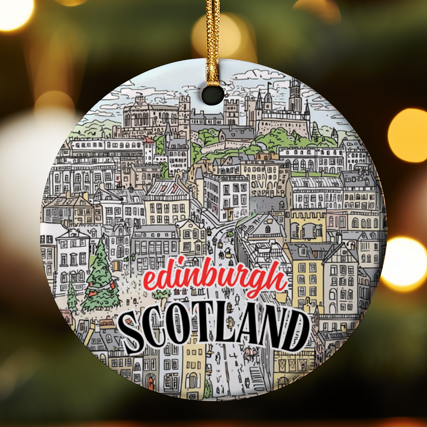 Circular ornament with Edinburgh, Scotland illustration on a blurred Christmas tree background