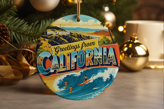 California Ceramic Ornament: Greetings From California Travel Souvenir Christmas Decoration