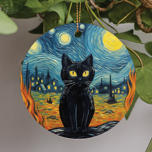 This halloween holiday ornament is in a Van Gogh Abstract Expressionism Digital Oil Paint style. Glowing Moons and Crescent Swirls fill the nights sky in vivid blue and yellow hues. A dimly lit town sits in the horizon with a yellow eyed black cat sits pensively as the white shine of the fur adds to the thoughtful expression.