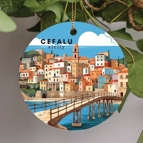 This holiday ornament displays beautiful Cefalu Sicily overlooking a small picturesque bridge by one of the many sandy beaches and rocky headland in a geometric cubist inspired illustration.