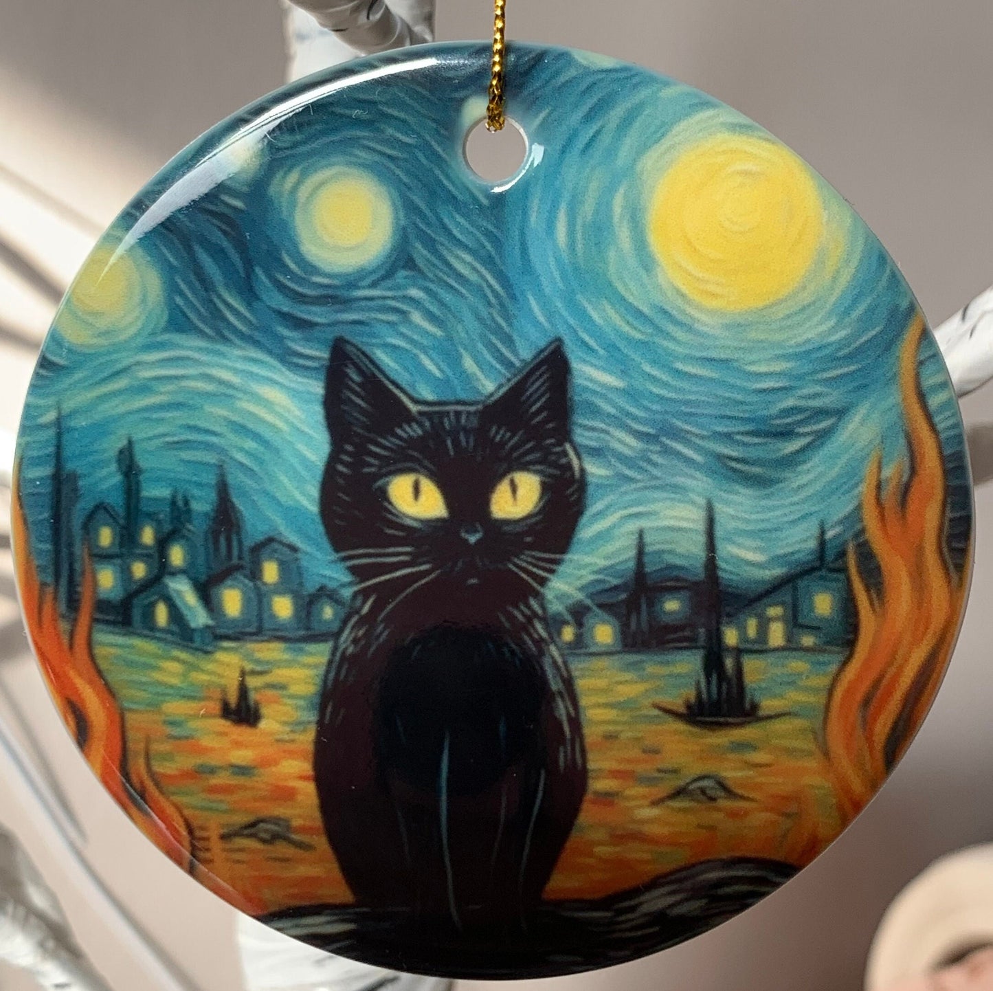 Halloween, Spooky Black Cat, Van Gogh Inspired, Ceramic Ornament