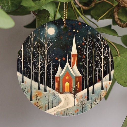 This holiday ornament depicts a folk art holiday scene during a moonlit snowy starry nights sky.