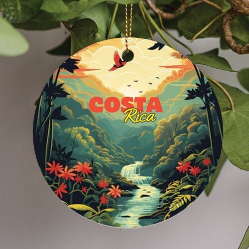 This ornament includes a dense area of tall trees, colorful flowers, cascading waterfalls, and birds sorrowing through the sunlit sky.