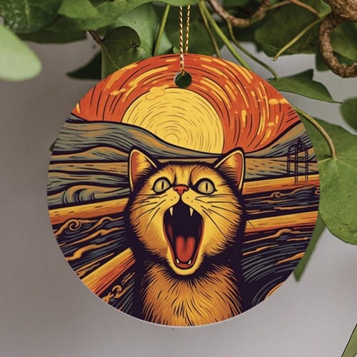 This holiday ornament shows a cat meowing with swirling blue landscapes in a fiery orange and yellow sky. A mix of mid and light tones blended together provide a flowing three dimensional view.