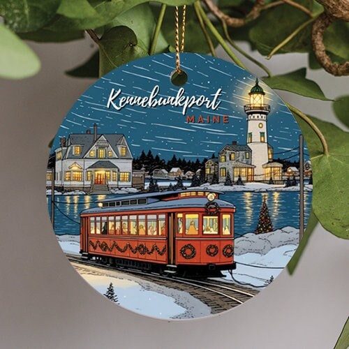 This holiday ornament shows the idyllic seaside resort town of Kennebunkport Main during Christmas. A festive holiday trolley rides the rails overlooking a Christmas tree lit seaside with glowing Light house illuminating the night sky.