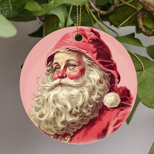 This holiday ornament shows a vintage depiction of a warm, friendly, plump Santa in his comforting warm plush outfit and lined fur hat.