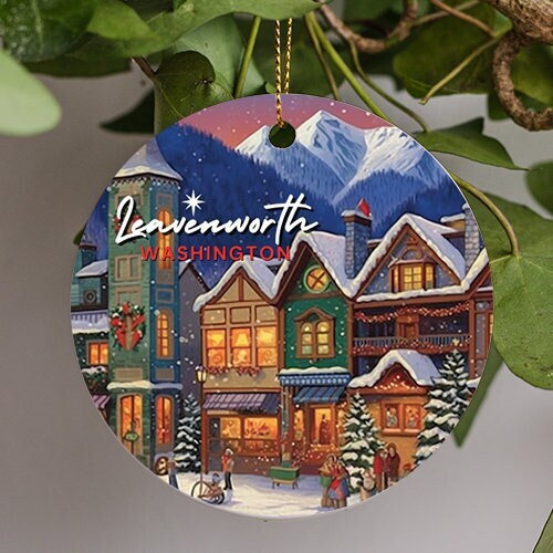 This holiday ornament shows Leavenworth Washington. With Alpine German themed buildings modeled after Bavarian settlements know for it celebration of Christmas lights.