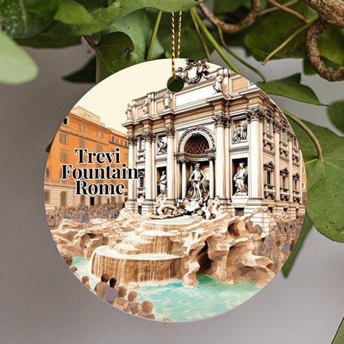 This holiday ornament displays the famous Trevi Fountain of Rome in a pop art illustration style as crowded onlookers appreciate the flowing water and architecture on a natural days sky.