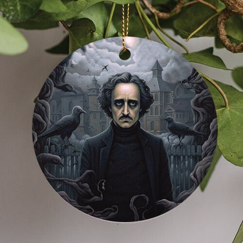 This holiday ornament shows a brooding, melancholic , haunted Edgar Allen Poe. Eerie smoke floats off to the sides with Ravens perched behind him on a gloomy New England Day.