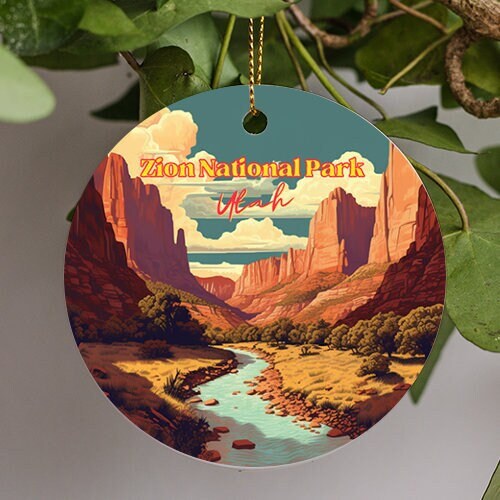 This holiday ornament displays warm tan colors overlooking lush green soft shrubs of Zion National parks Horse Ranch Mountains in the background as the narrow river flows through this detailed illustration.