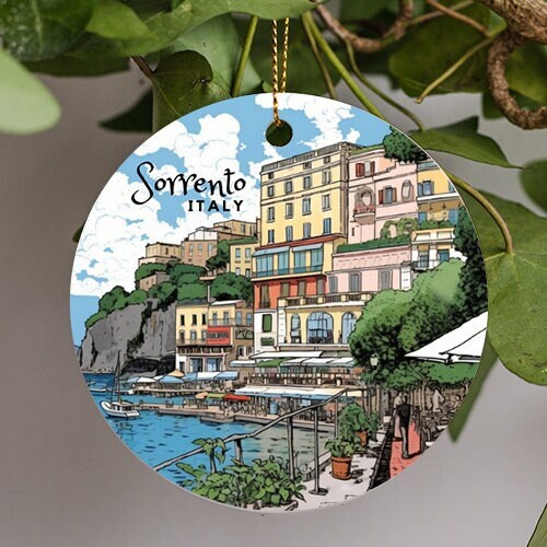 This ornament is of Sorrento Italy. Depicts the coastal town in the Bay of Naples with the town perched atop one of the cliffs separating the town from the marina adding to the charm of the spring time colors used for the peaceful illustration.