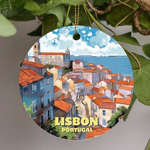 This ornament is of Lisbon Portugal which depicts the encompassed old city’s pastel colored buildings looking down on the soft blue water as bubbly clouds in the background presents a picturesque view.