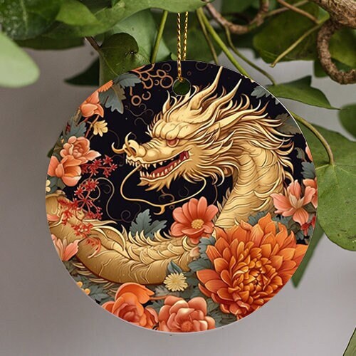 This holiday ornament is of a golden dragon from the Chinese Zodiac calmly displaying its great strength amongst the dark nights sky with lush warm mum flowers and soft giant leaves.