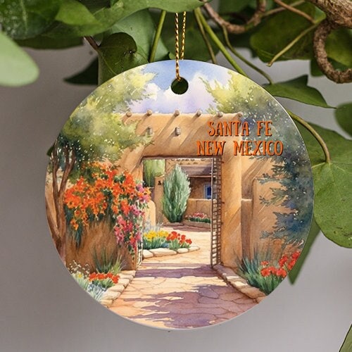 This ornament is of a Santa Fe New Mexico Adobe Walled Garden lined with red and yellow tulips near the stone covered entrance as overflowing honeysuckles off to the left provide a soothing feeling for this illustration during a warm mid afternoon.