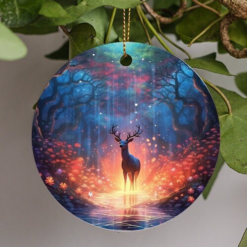 This ornament displays a proud fifteen horned Stag standing upon a shallow creek cutting through the woods. Under the Stag this fantasy painting floats warm illuminated floating maples leaves, presenting it in an ethereal glow.