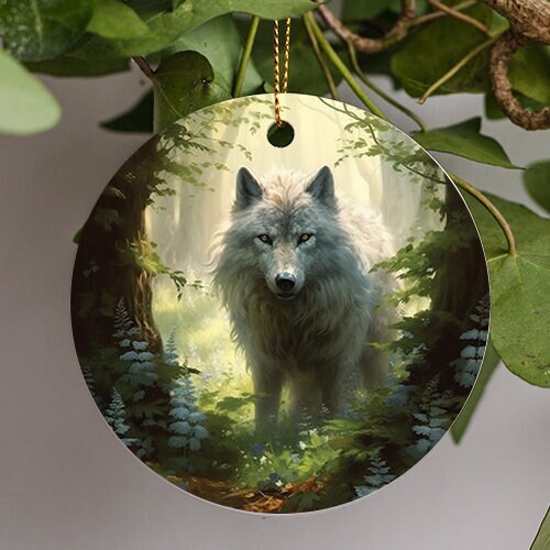 This ornament of this majestic Golden eyed soft white and pale gray furred wolf stare in the warm glow of the lush green forest during an early spring time. The warm spring pale yellow glow give they fantasy painting a surreal feeling.