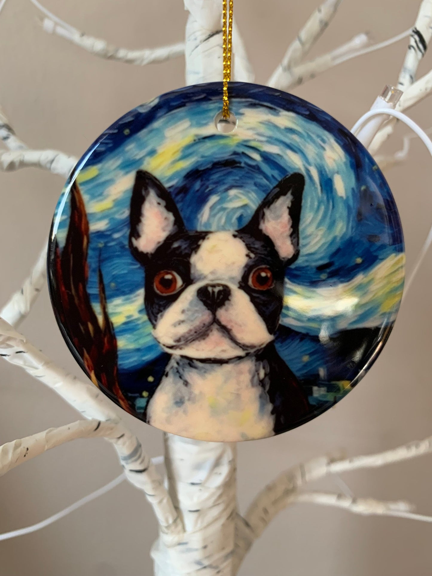 Boston Terrier Starry Night Ceramic Ornament