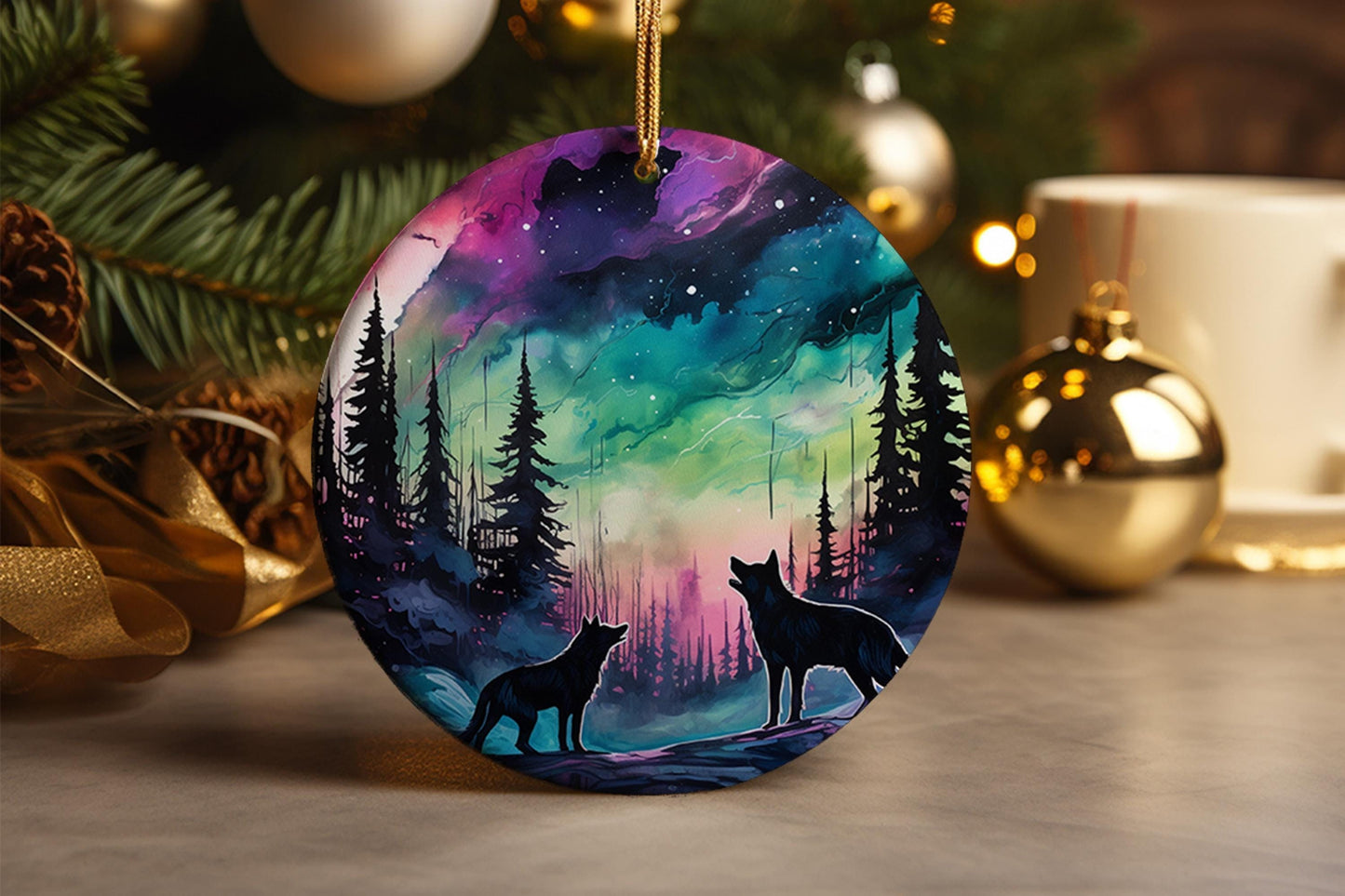 Northern Lights Wolf Christmas Ornament: Handcrafted Holiday Decor