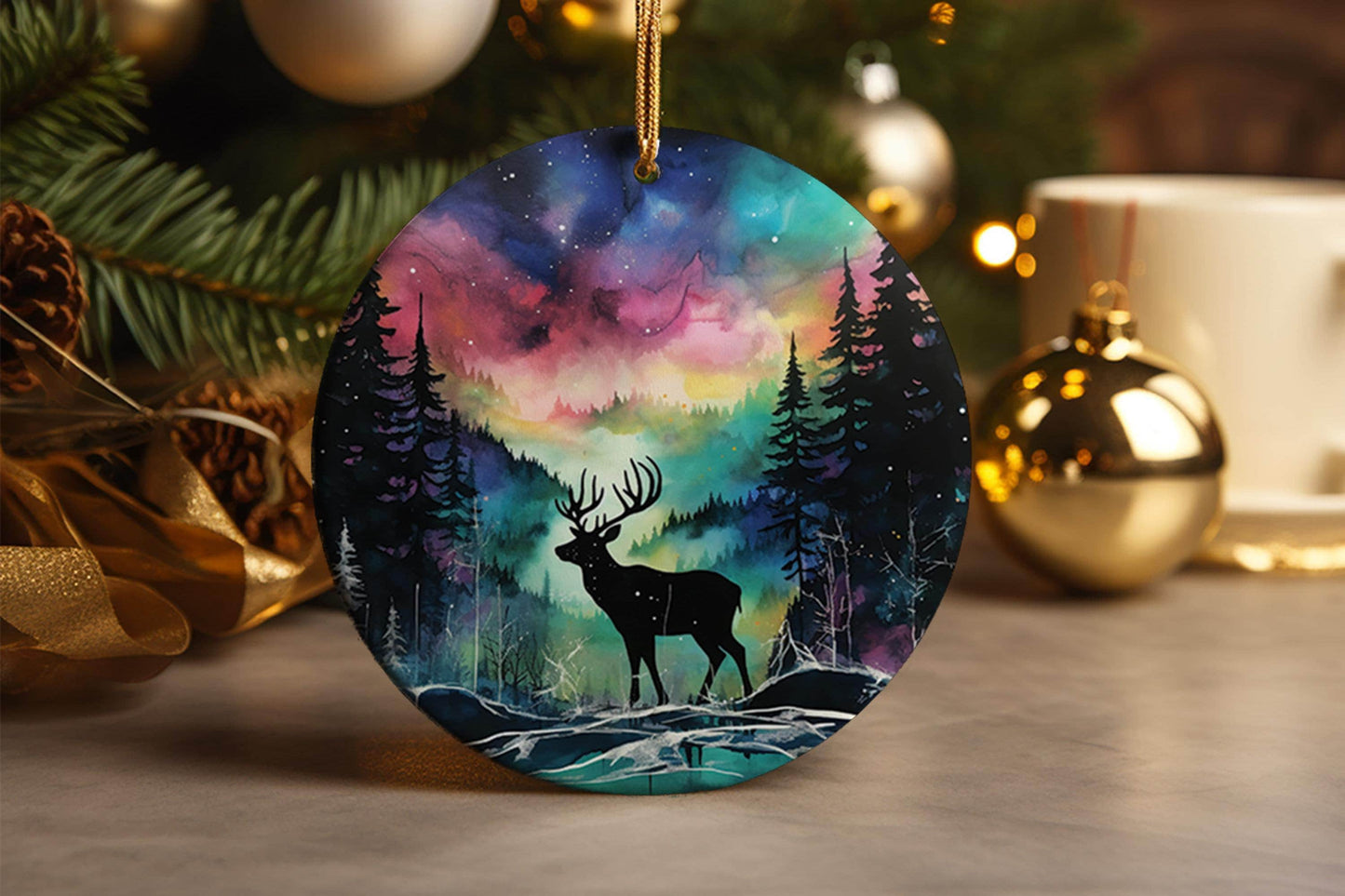 Northern Lights Reindeer Ceramic Christmas Ornament: Winter Wonderland Gift