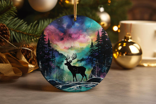 Northern Lights Reindeer Ceramic Christmas Ornament: Winter Wonderland Gift