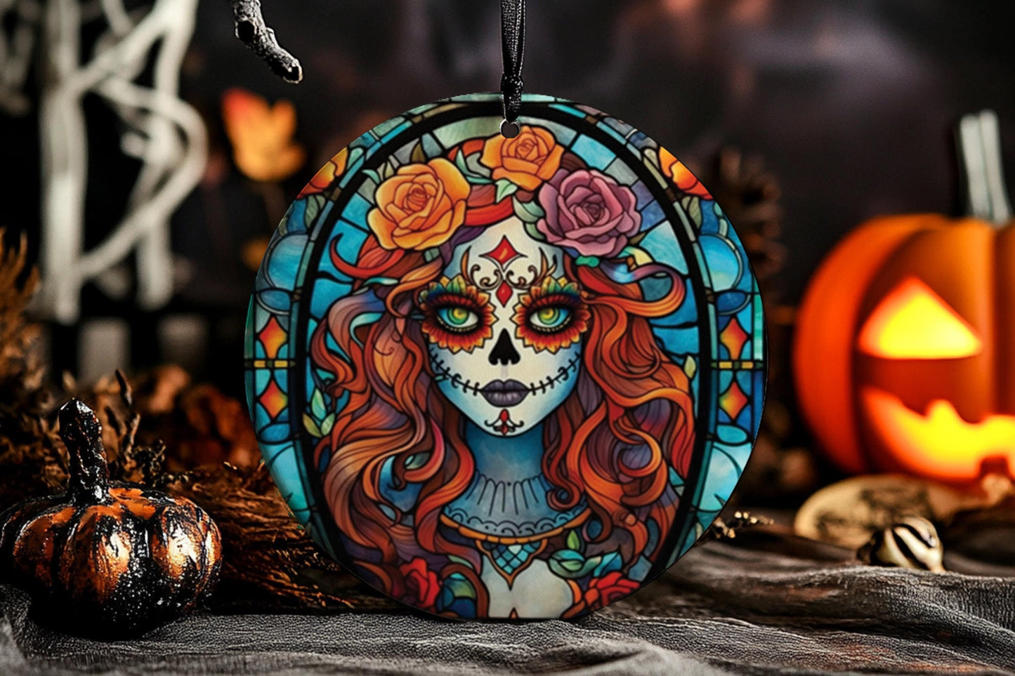 Catrina Ornament, Stained Glass Style, Day of the Dead Decor