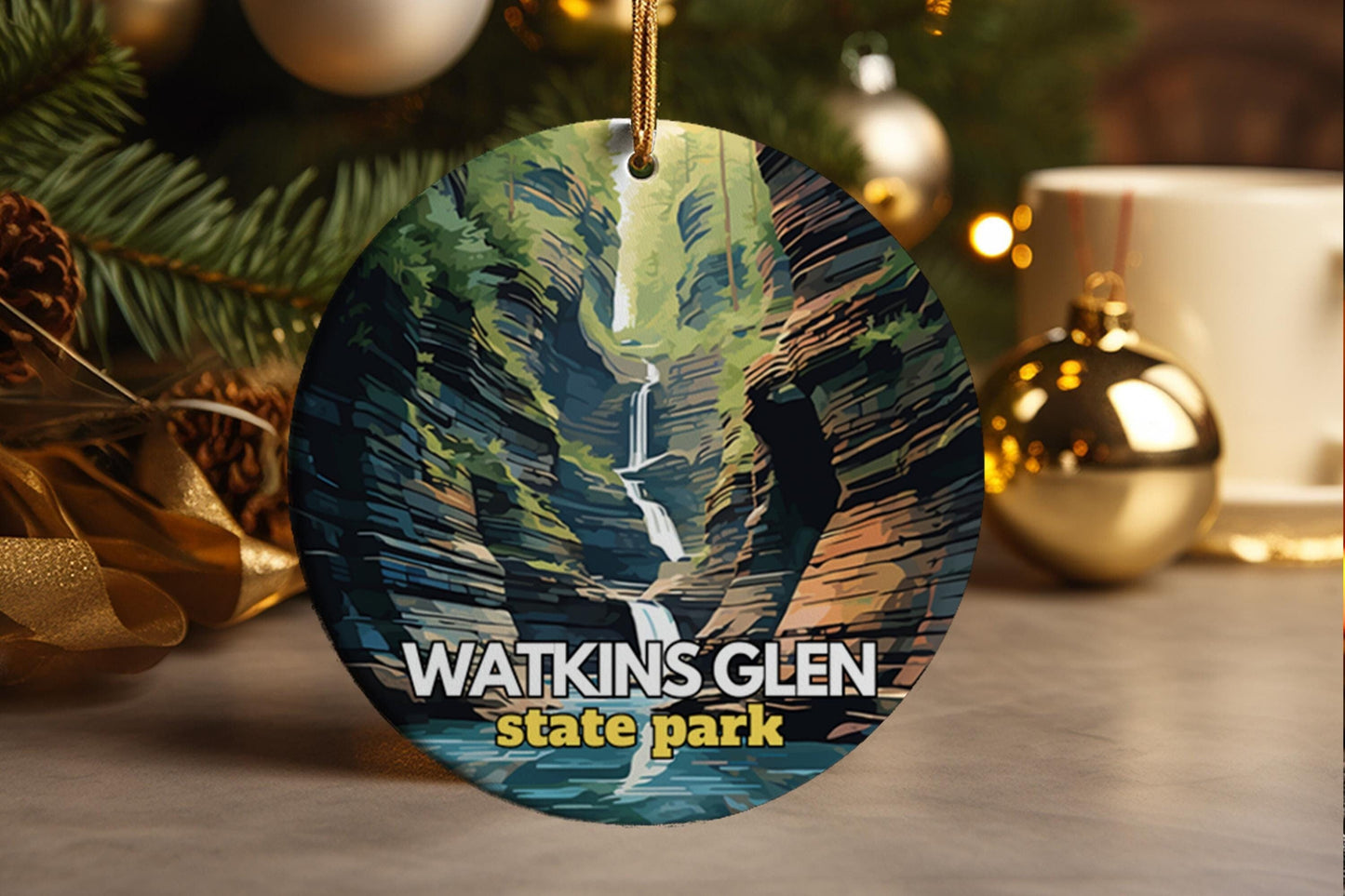 Watkins Glen Waterfalls Ceramic Ornament: New York State Park Souvenir