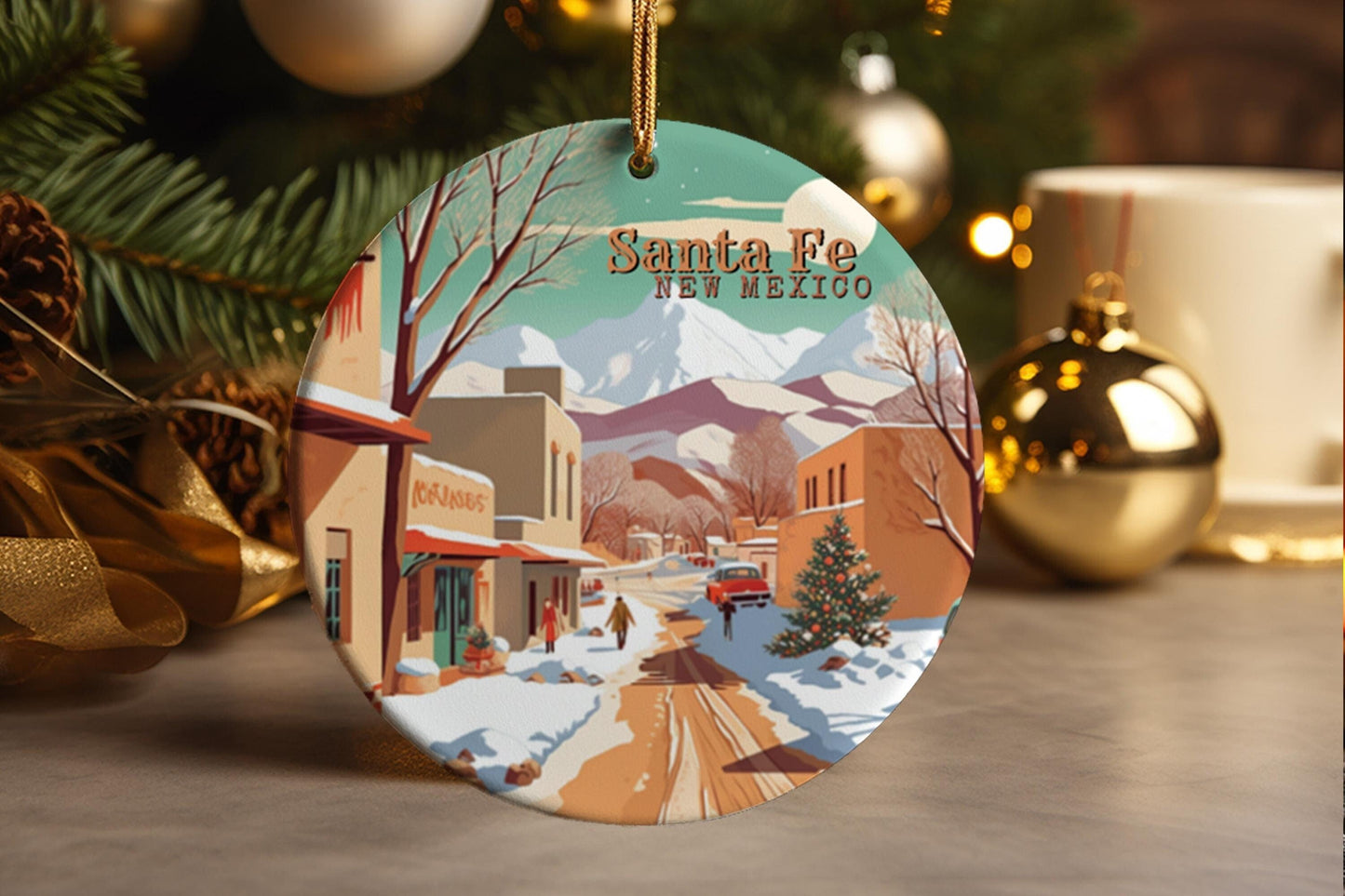 Santa Fe Winter Canyons Ceramic Ornament: Retro Southwestern Holiday Decor