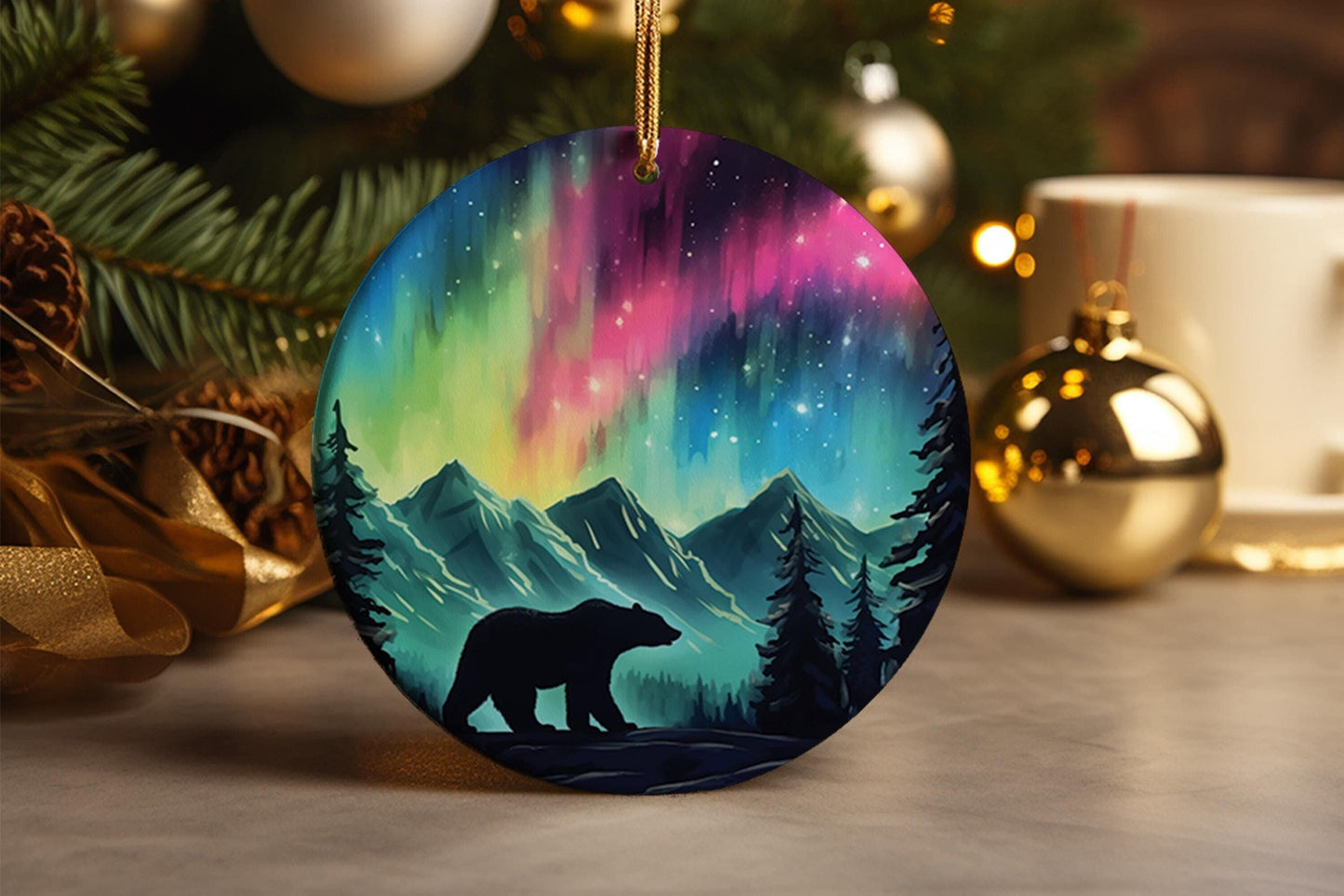 Northern Lights Bear Ceramic Christmas Ornament