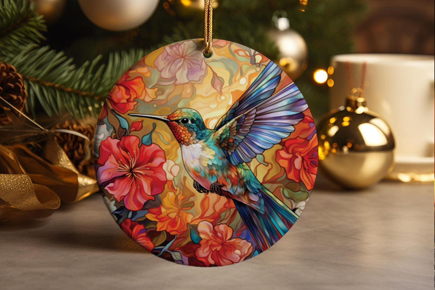 Floral Hummingbird Christmas Ornament: Bird Lover Gift
