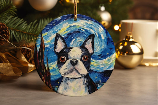 Boston Terrier, Dog Starry Night Art, Van Gogh Inspired, Ceramic Ornament