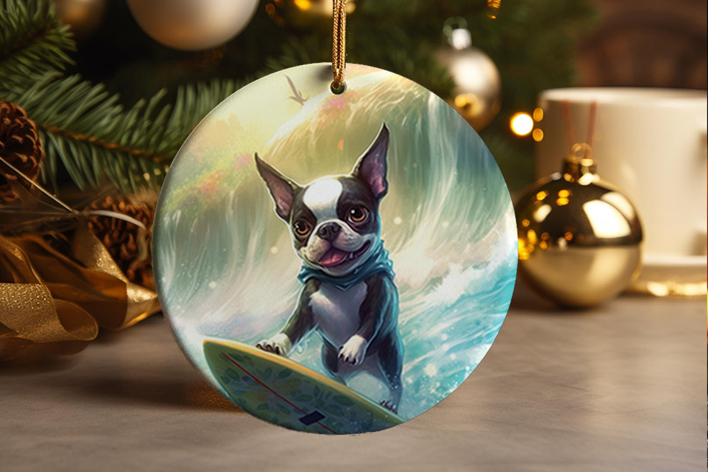 Surfing Boston Terrier Ceramic Ornament: Beach Dog Decor