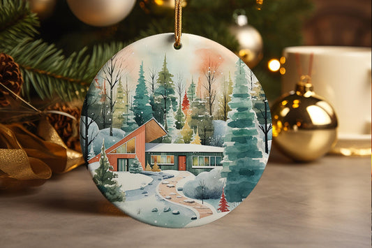 Mid Century Modern Ornament Holiday Retro Houses Watercolor Christmas Ornament Gift Vintage Home Decor