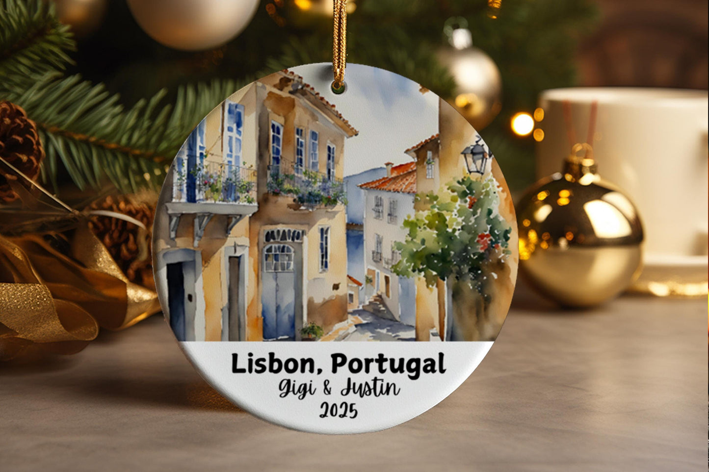 Lisbon Portugal Ornament: Personalized Ceramic Travel Keepsake