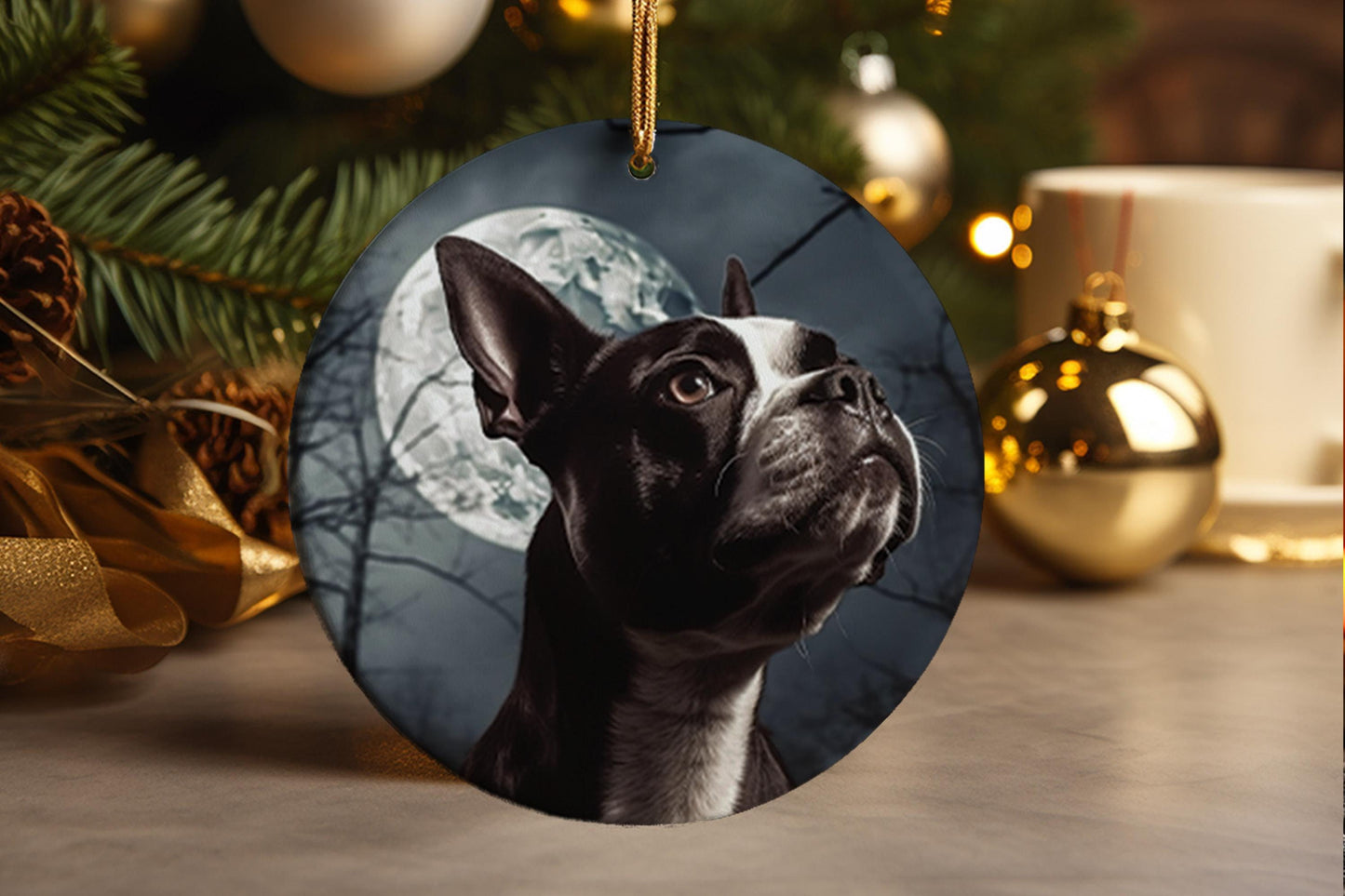 Boston Terrier Full Moon Ceramic Ornament