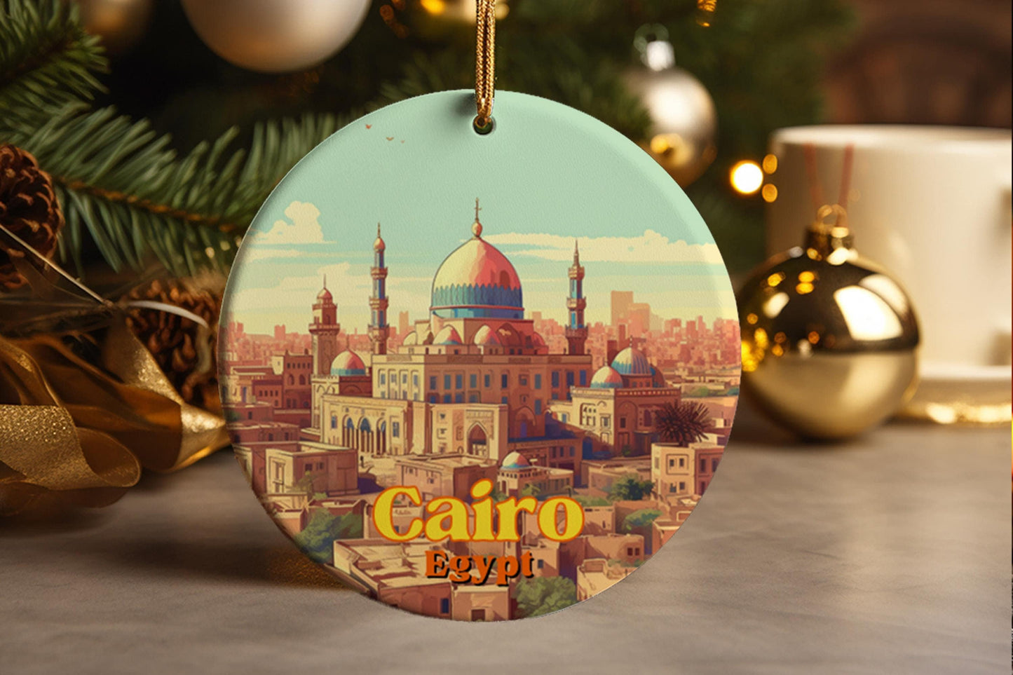Cairo Egypt Ceramic Ornament: Travel Keepsake with Gold String