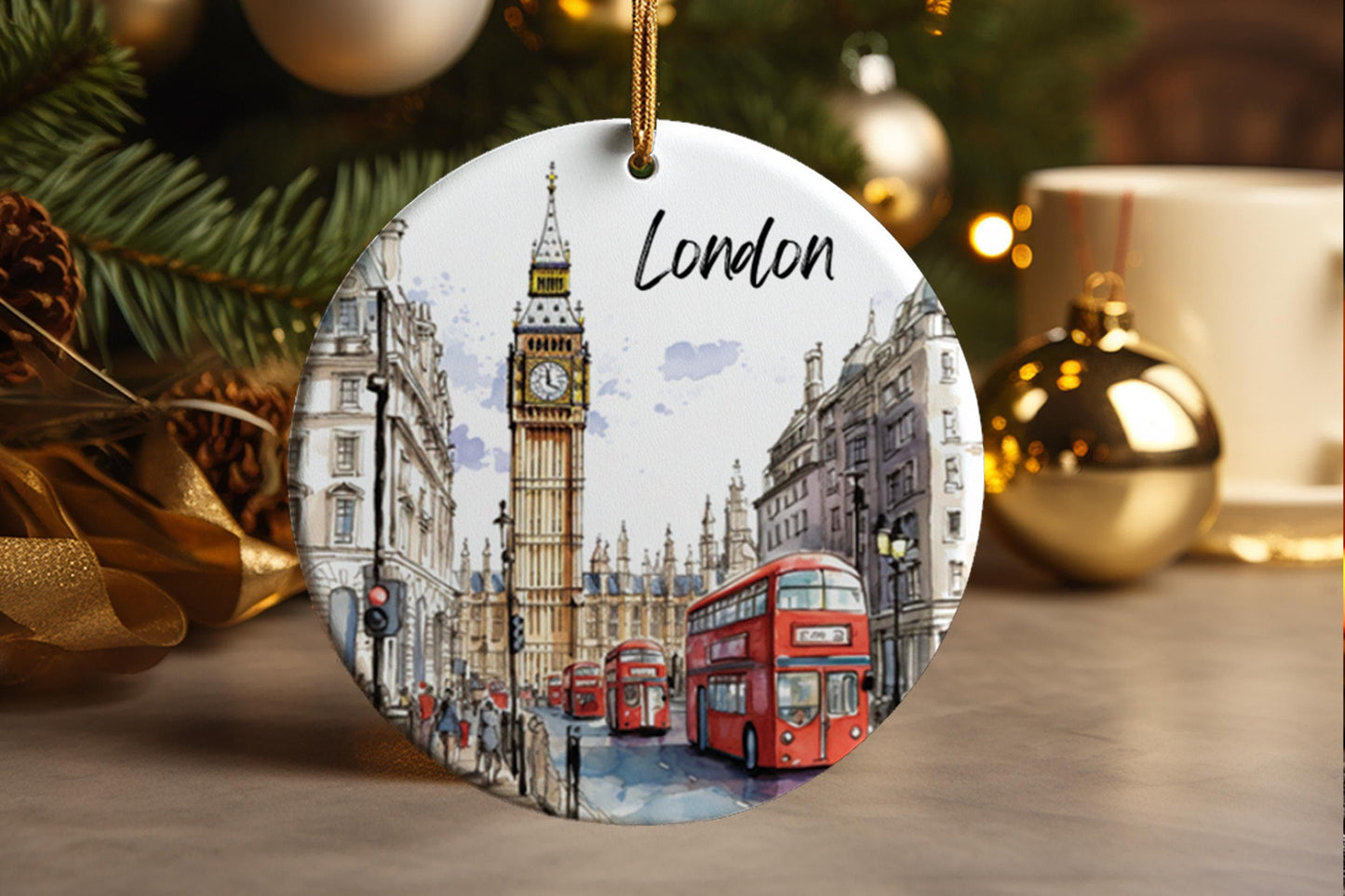 London UK Ceramic Ornament: Illustrated Travel Souvenir