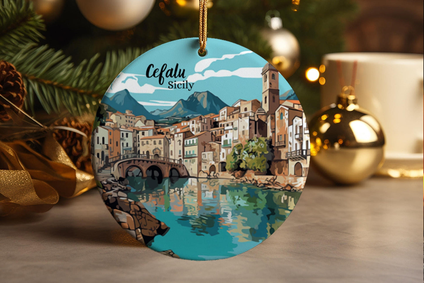 Cefalu Sicily Italy, Italian Travel Souvenir, Gift, Ceramic Christmas Ornament
