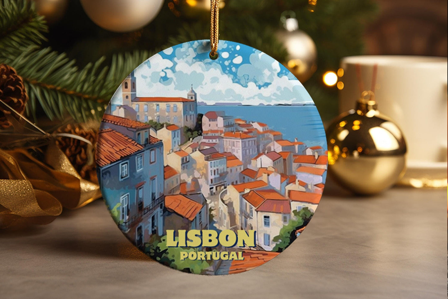 Lisbon Portugal Ceramic Ornament: Travel Illustration Gift