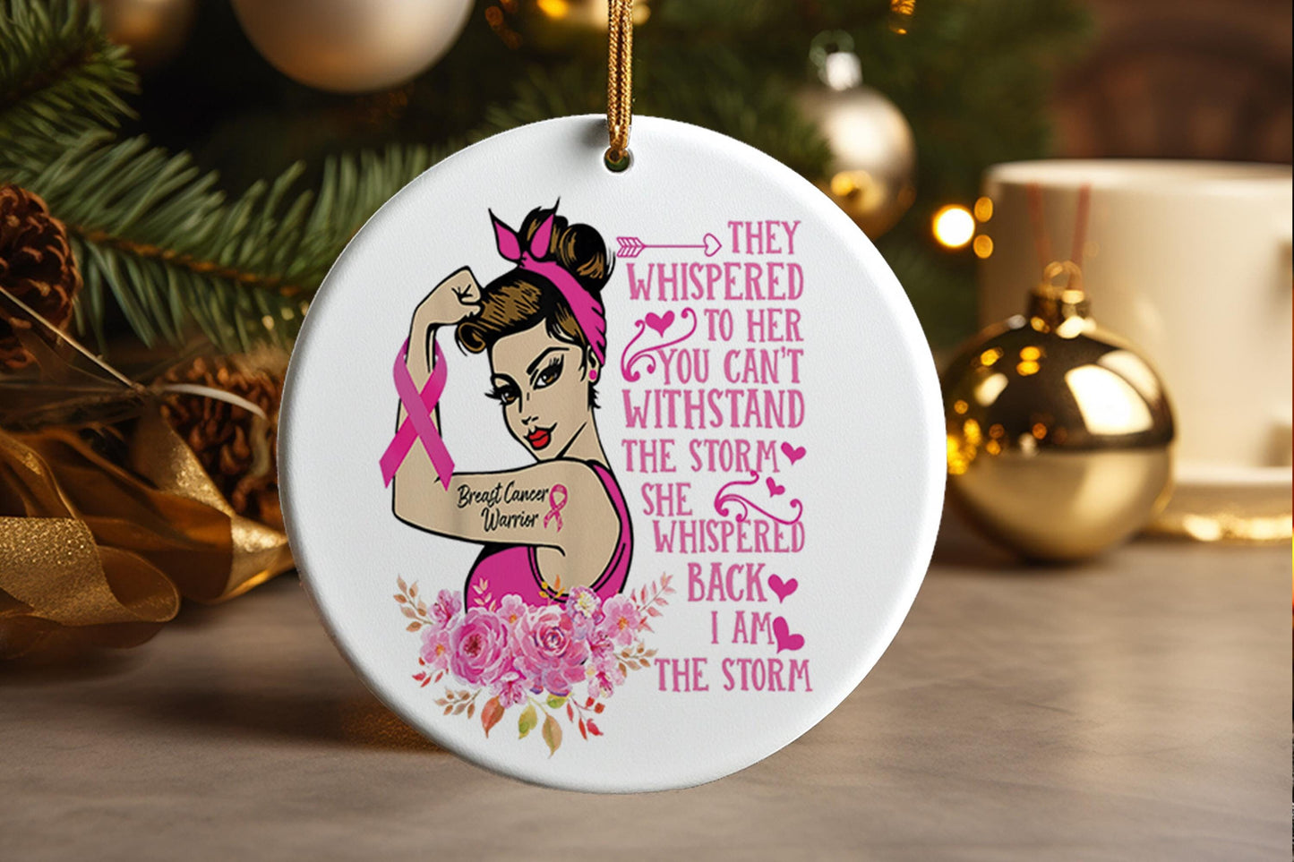 I'm The Storm Strong Women Breast Cancer Warrior Pink Ribbon Ceramic Ornament