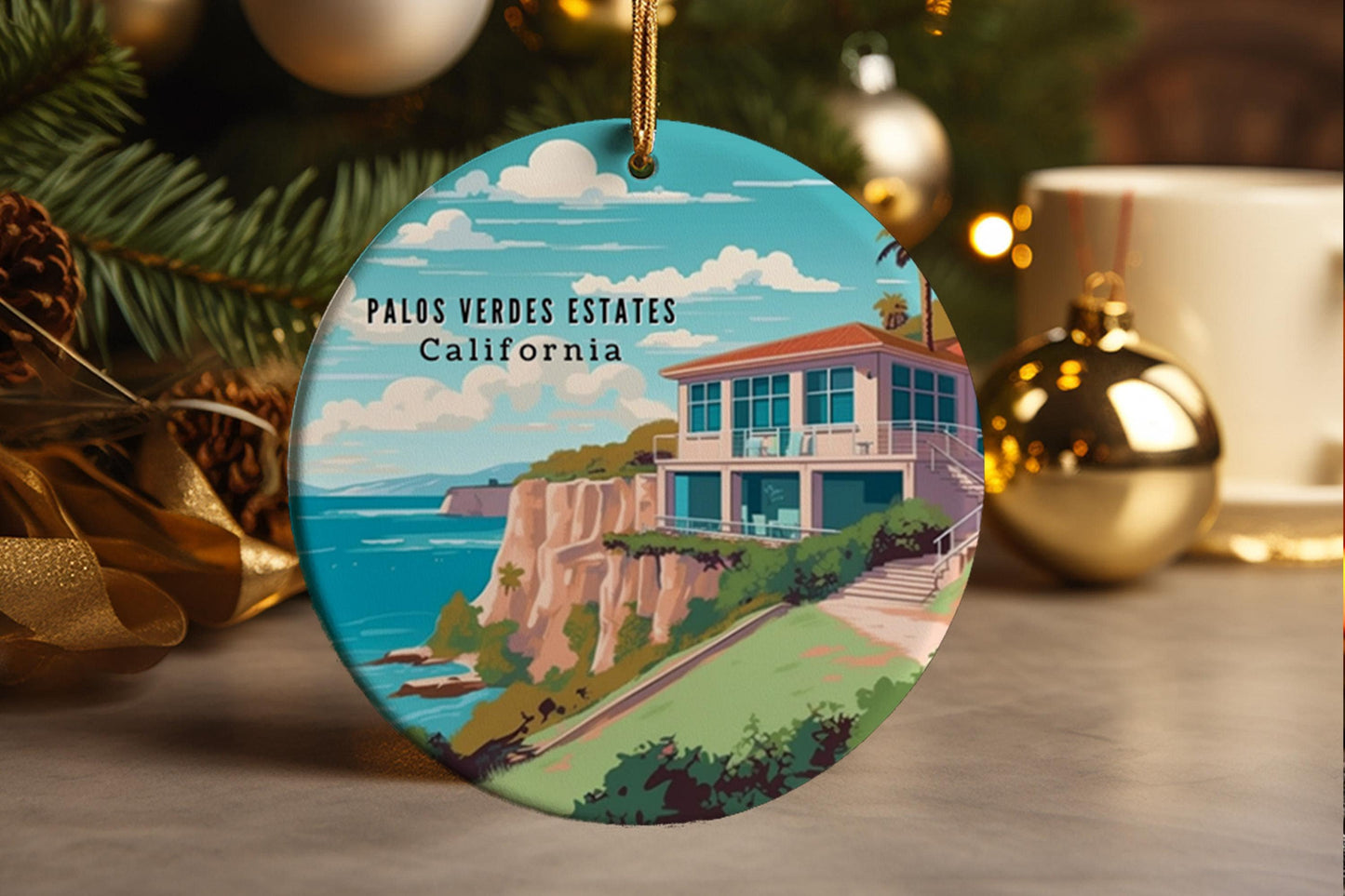 Palos Verdes Estates California Ceramic Ornament: Coastal Travel Souvenir