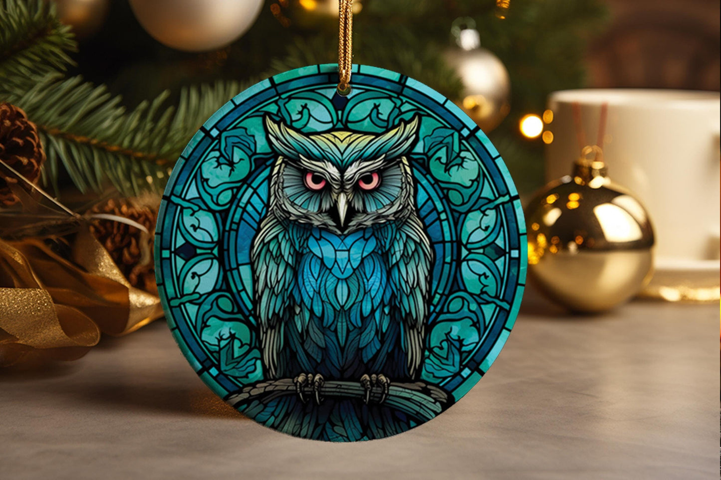 Owl Stained Glass Ceramic Ornament, Nature Lover Gift