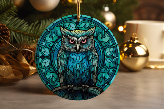 Owl Stained Glass Ceramic Ornament, Nature Lover Gift