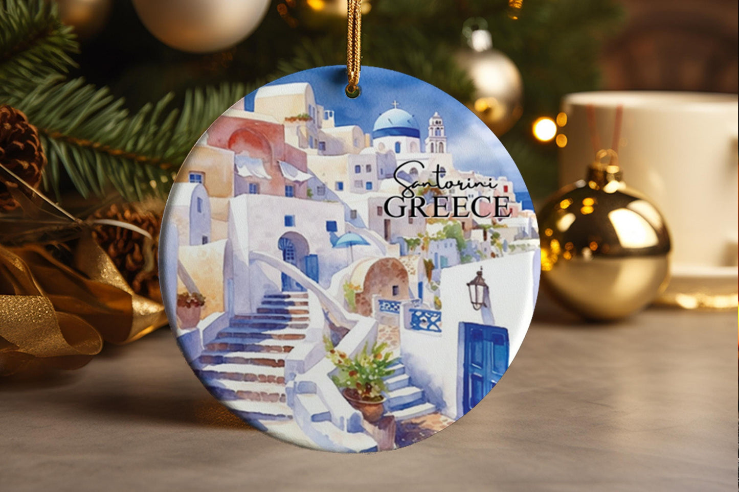Santorini Greece Ornament: Ceramic Travel Souvenir