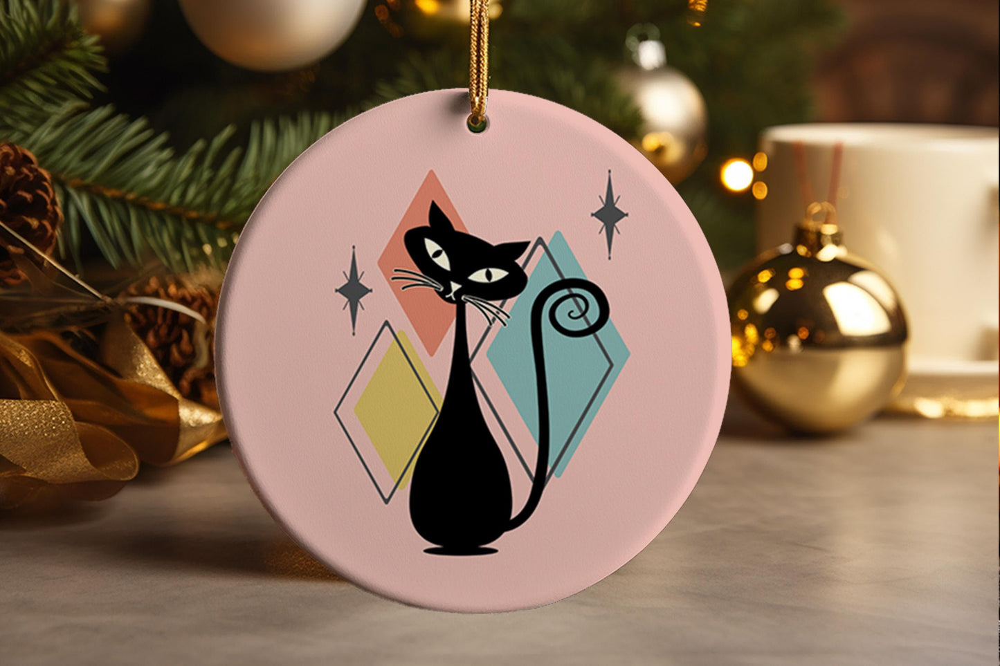 Atomic Cat Ornament: Mid Century Modern Retro Decor
