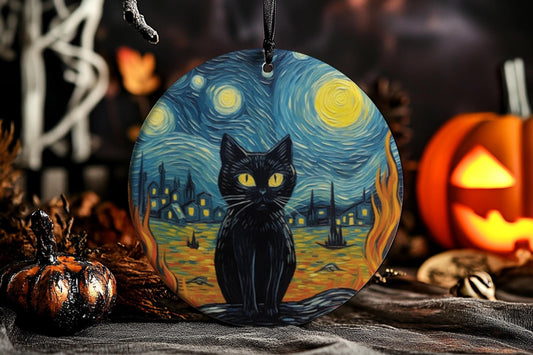 Halloween, Spooky Black Cat, Van Gogh Inspired, Ceramic Ornament